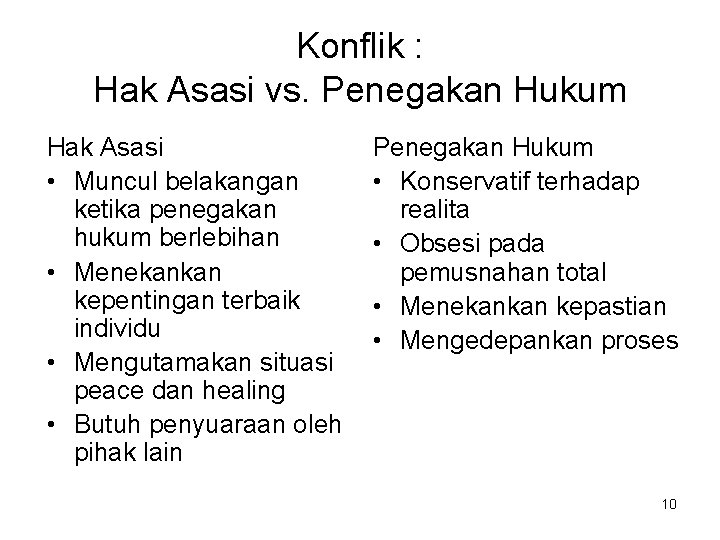 Konflik : Hak Asasi vs. Penegakan Hukum Hak Asasi • Muncul belakangan ketika penegakan