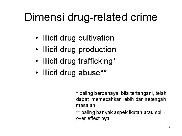 Dimensi drug-related crime • • Illicit drug cultivation Illicit drug production Illicit drug trafficking*