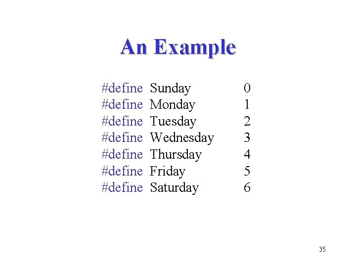 An Example #define #define Sunday Monday Tuesday Wednesday Thursday Friday Saturday 0 1 2