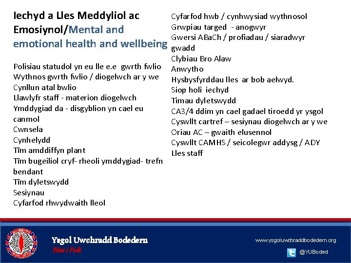 Iechyd a Lles Meddyliol ac Emosiynol/Mental and emotional health and wellbeing Polisïau statudol yn