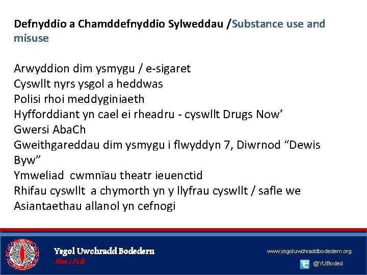 Defnyddio a Chamddefnyddio Sylweddau /Substance use and misuse Arwyddion dim ysmygu / e-sigaret Cyswllt