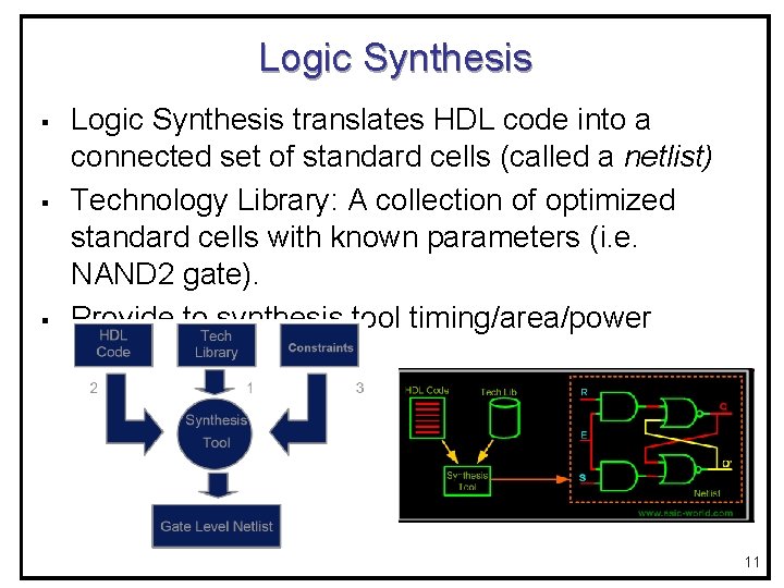 Logic Synthesis § § § Logic Synthesis translates HDL code into a connected set