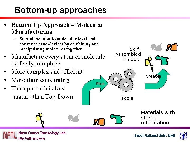 Bottom-up approaches • Bottom Up Approach – Molecular Manufacturing – Start at the atomic/molecular