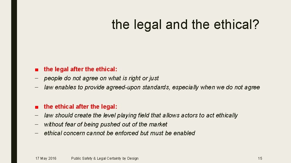 the legal and the ethical? ■ the legal after the ethical: – people do