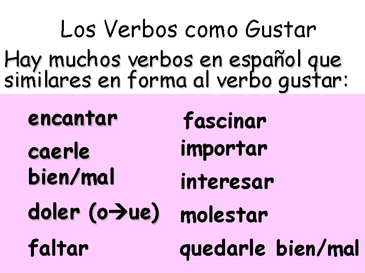 Los Verbos como Gustar Hay muchos verbos en español que similares en forma al