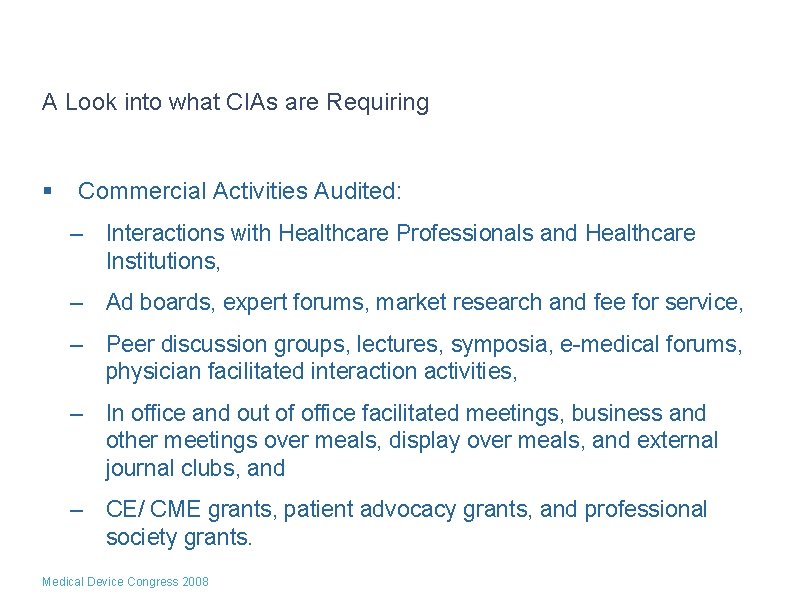 A Look into what CIAs are Requiring § Commercial Activities Audited: – Interactions with A Look into what CIAs are Requiring § Commercial Activities Audited: – Interactions with