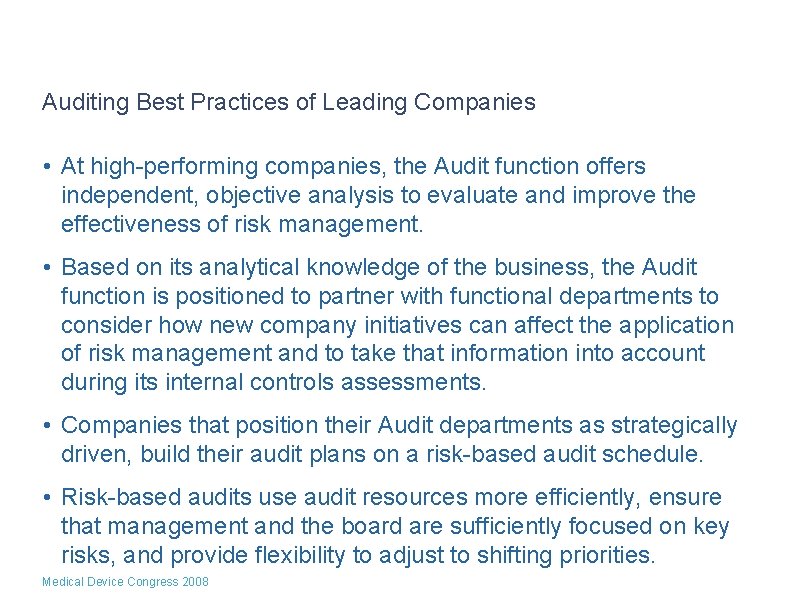 Auditing Best Practices of Leading Companies • At high-performing companies, the Audit function offers Auditing Best Practices of Leading Companies • At high-performing companies, the Audit function offers