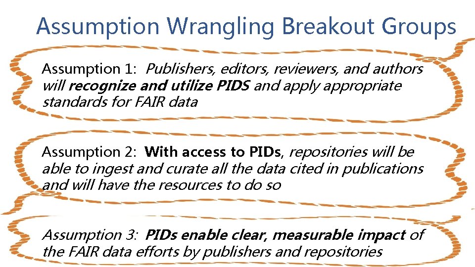 Assumption Wrangling Breakout Groups Assumption 1: Publishers, editors, reviewers, and authors will recognize and