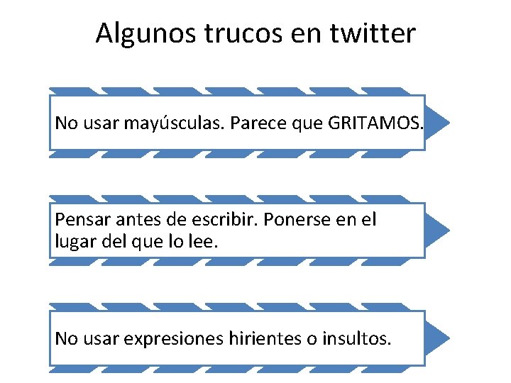 Algunos trucos en twitter No usar mayúsculas. Parece que GRITAMOS. Pensar antes de escribir.
