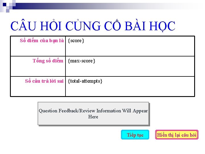 C U HỎI CỦNG CỐ BÀI HỌC Số điểm của bạn là {score} Tổng