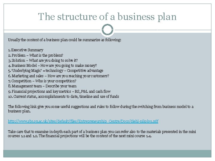 The structure of a business plan Usually the content of a business plan could