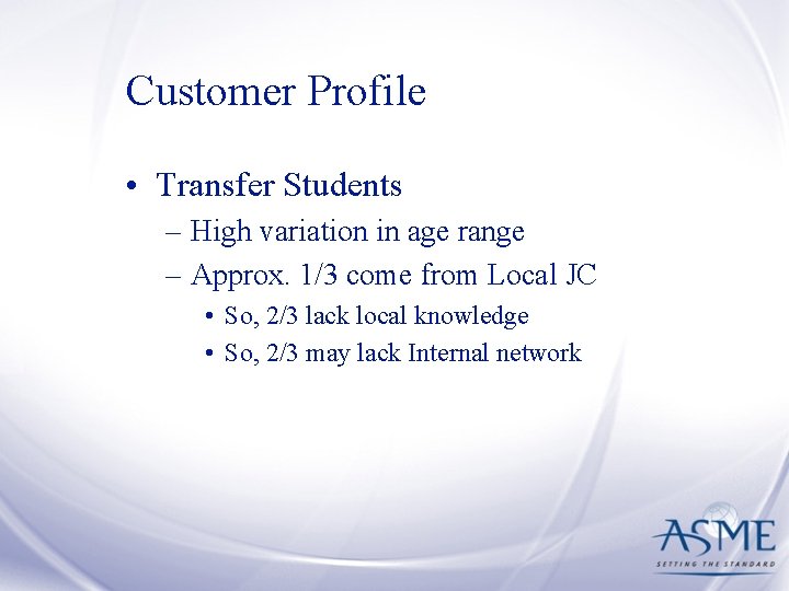 Customer Profile • Transfer Students – High variation in age range – Approx. 1/3