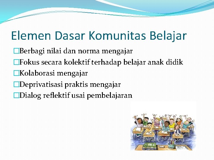 Elemen Dasar Komunitas Belajar �Berbagi nilai dan norma mengajar �Fokus secara kolektif terhadap belajar