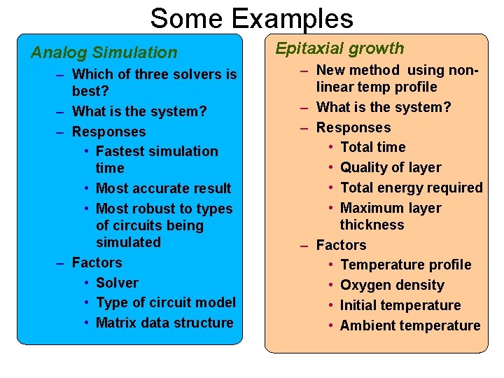 Some Examples Analog Simulation – Which of three solvers is best? – What is