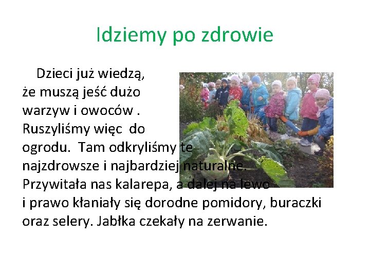 Idziemy po zdrowie Dzieci już wiedzą, że muszą jeść dużo warzyw i owoców. Ruszyliśmy