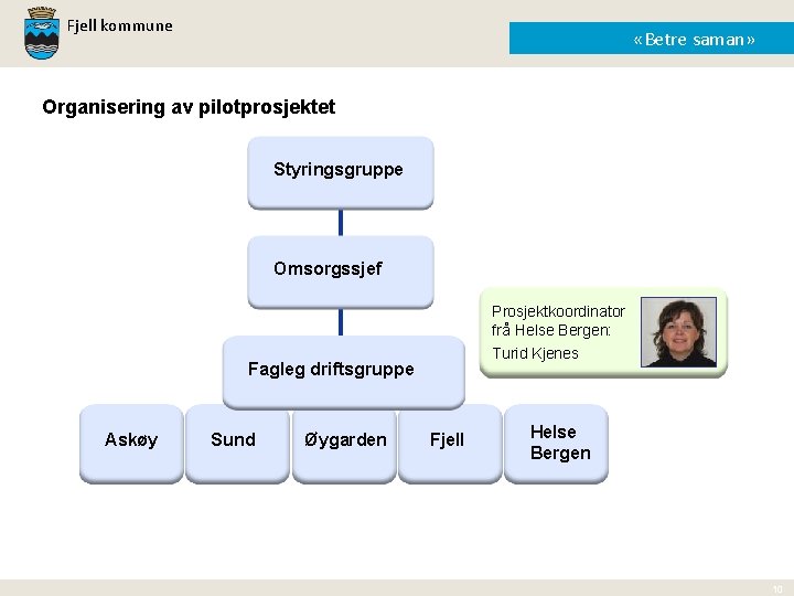 Fjell kommune «Betre saman» Organisering av pilotprosjektet Styringsgruppe Omsorgssjef Prosjektkoordinator frå Helse Bergen: Turid