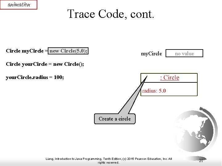 animation Trace Code, cont. Circle my. Circle = new Circle(5. 0); my. Circle no animation Trace Code, cont. Circle my. Circle = new Circle(5. 0); my. Circle no