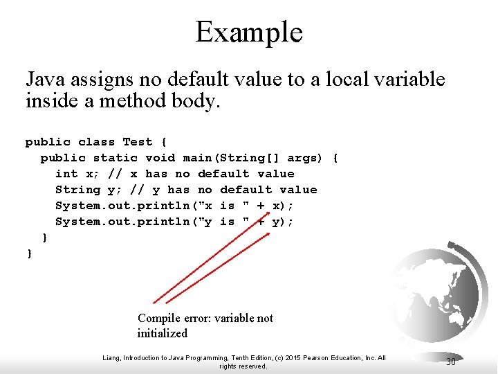 Example Java assigns no default value to a local variable inside a method body. Example Java assigns no default value to a local variable inside a method body.