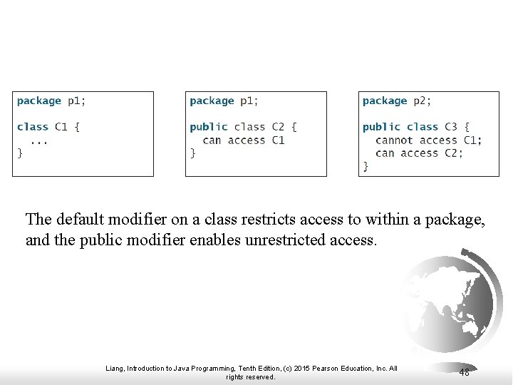 The default modifier on a class restricts access to within a package, and the The default modifier on a class restricts access to within a package, and the