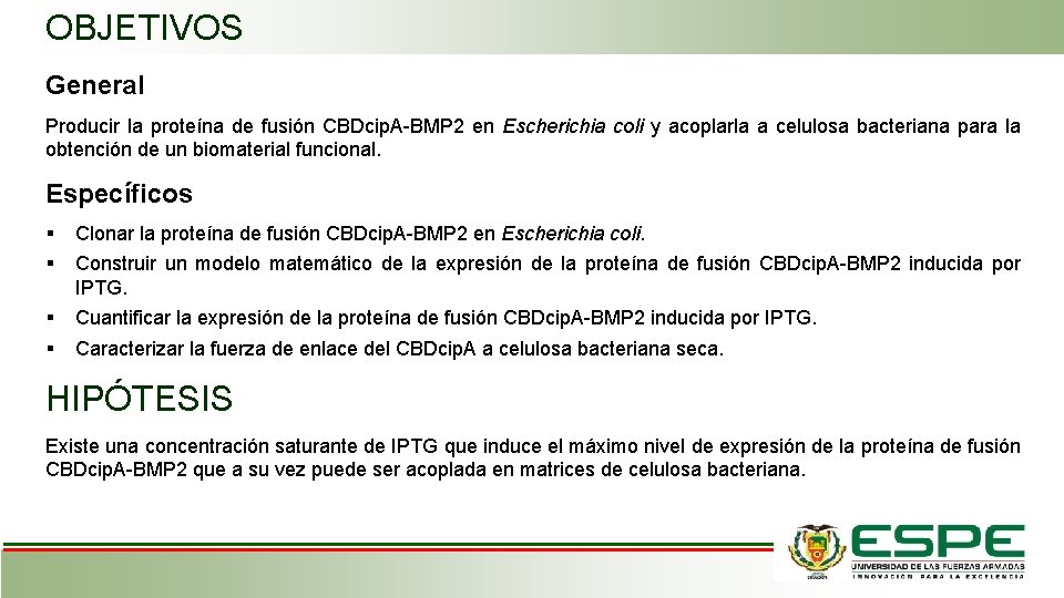 OBJETIVOS General Producir la proteína de fusión CBDcip. A-BMP 2 en Escherichia coli y