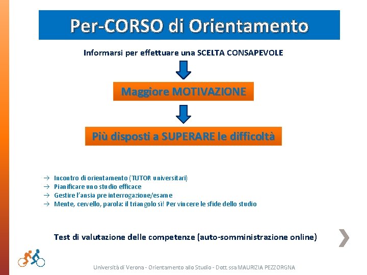 Per-CORSO di Orientamento Informarsi per effettuare una SCELTA CONSAPEVOLE Maggiore MOTIVAZIONE Più disposti a