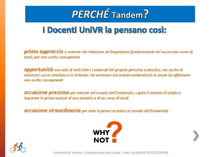 PERCHÉ Tandem? I Docenti Uni. VR la pensano così: primo approccio a materie che