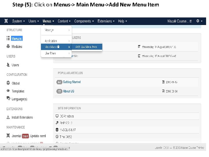Step (5): Click on Menus-> Main Menu->Add New Menu Item 