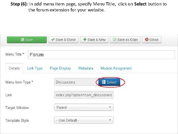 Step (6): In add menu item page, specify Menu Title, click on Select button