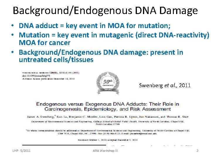 Background/Endogenous DNA Damage • DNA adduct = key event in MOA for mutation; •