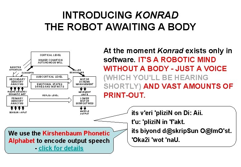 INTRODUCING KONRAD THE ROBOT AWAITING A BODY CORTICAL LEVEL HIGHER COGNITION AUTONOMOUS WILL DIRECTED
