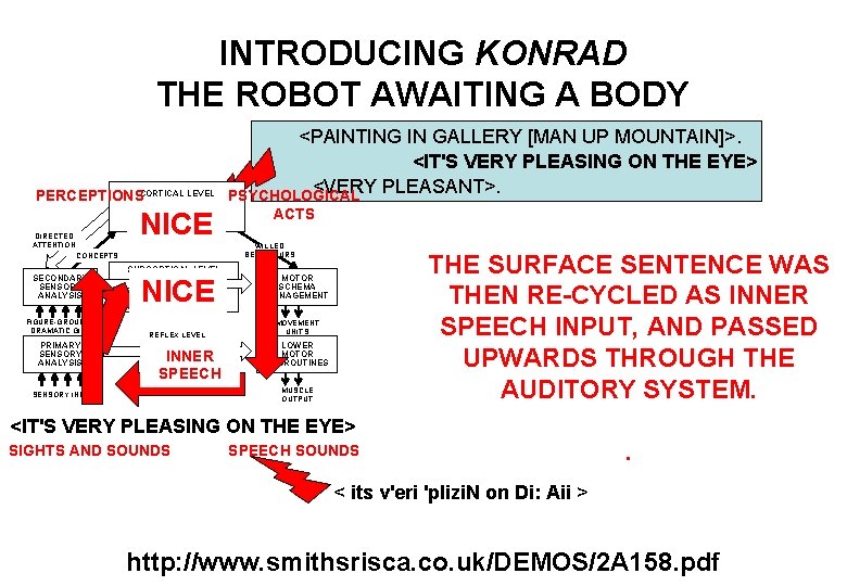 INTRODUCING KONRAD THE ROBOT AWAITING A BODY PERCEPTIONSCORTICAL LEVEL HIGHER COGNITION AUTONOMOUS WILL NICE