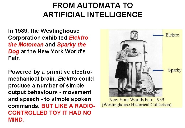 FROM AUTOMATA TO ARTIFICIAL INTELLIGENCE In 1939, the Westinghouse Corporation exhibited Elektro the Motoman