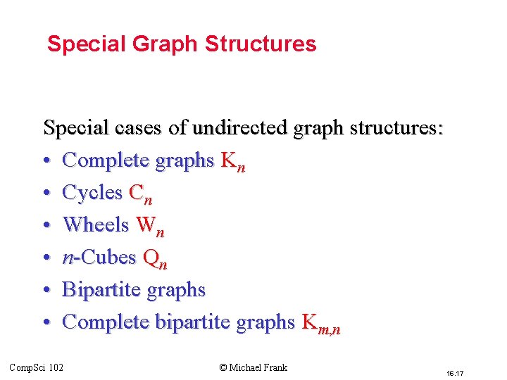 Special Graph Structures Special cases of undirected graph structures: • Complete graphs Kn • Special Graph Structures Special cases of undirected graph structures: • Complete graphs Kn •