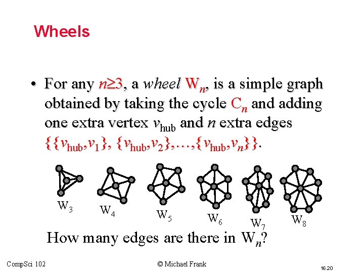 Wheels • For any n 3, a wheel Wn, is a simple graph obtained Wheels • For any n 3, a wheel Wn, is a simple graph obtained