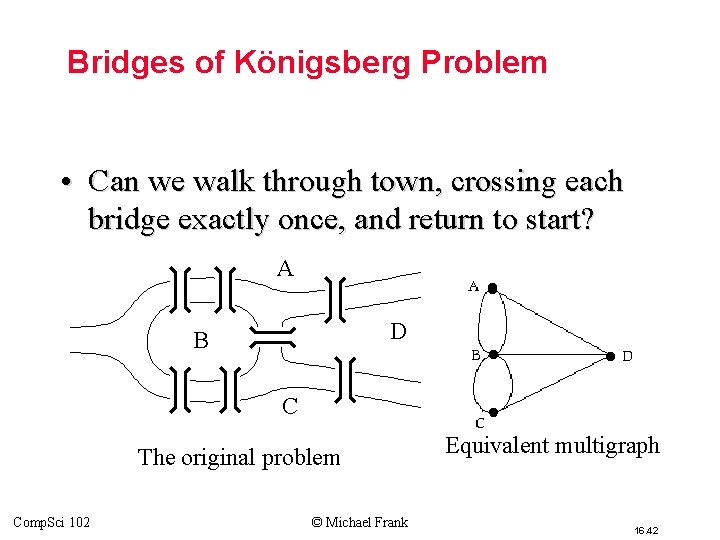 Bridges of Königsberg Problem • Can we walk through town, crossing each bridge exactly Bridges of Königsberg Problem • Can we walk through town, crossing each bridge exactly