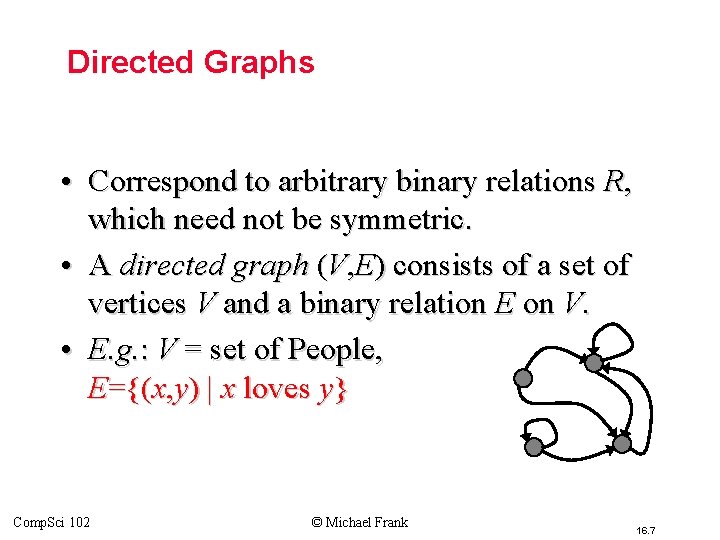 Directed Graphs • Correspond to arbitrary binary relations R, which need not be symmetric. Directed Graphs • Correspond to arbitrary binary relations R, which need not be symmetric.