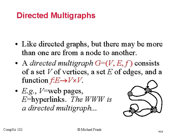Directed Multigraphs • Like directed graphs, but there may be more than one arc Directed Multigraphs • Like directed graphs, but there may be more than one arc