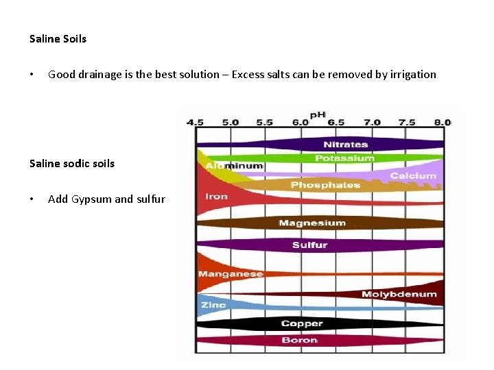 Saline Soils • Good drainage is the best solution – Excess salts can be