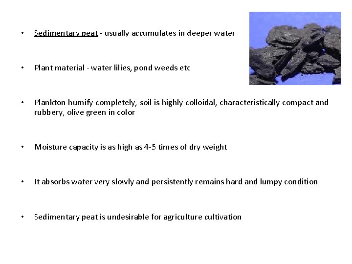  • Sedimentary peat - usually accumulates in deeper water • Plant material -