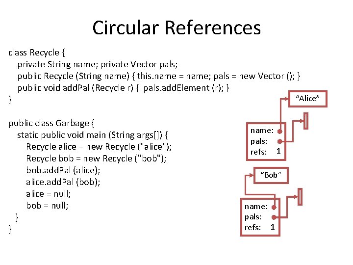 Circular References class Recycle { private String name; private Vector pals; public Recycle (String