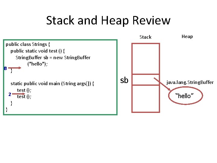 Stack and Heap Review Stack Heap public class Strings { public static void test