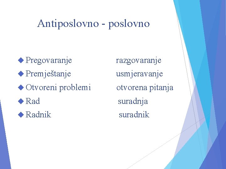 Antiposlovno - poslovno Pregovaranje razgovaranje Premještanje usmjeravanje Otvoreni otvorena pitanja problemi Rad suradnja Radnik