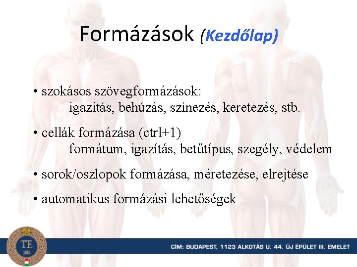 Formázások (Kezdőlap) • szokásos szövegformázások: igazítás, behúzás, színezés, keretezés, stb. • cellák formázása (ctrl+1)