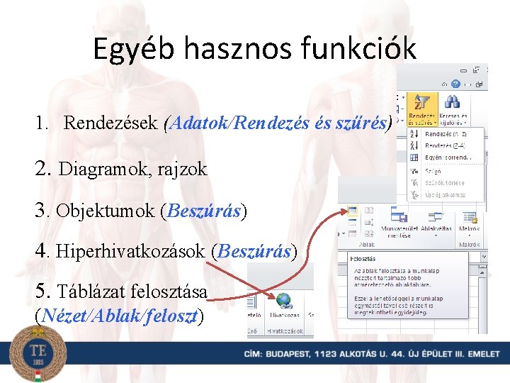 Egyéb hasznos funkciók 1. Rendezések (Adatok/Rendezés és szűrés) 2. Diagramok, rajzok 3. Objektumok (Beszúrás)