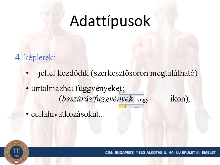 Adattípusok 4. képletek: • = jellel kezdődik (szerkesztősoron megtalálható) • tartalmazhat függvényeket: (beszúrás/függvények •