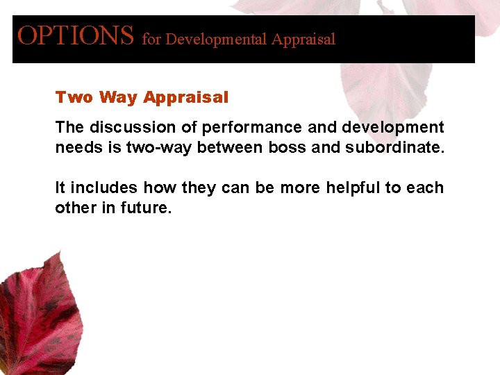 OPTIONS for Developmental Appraisal Two Way Appraisal The discussion of performance and development needs