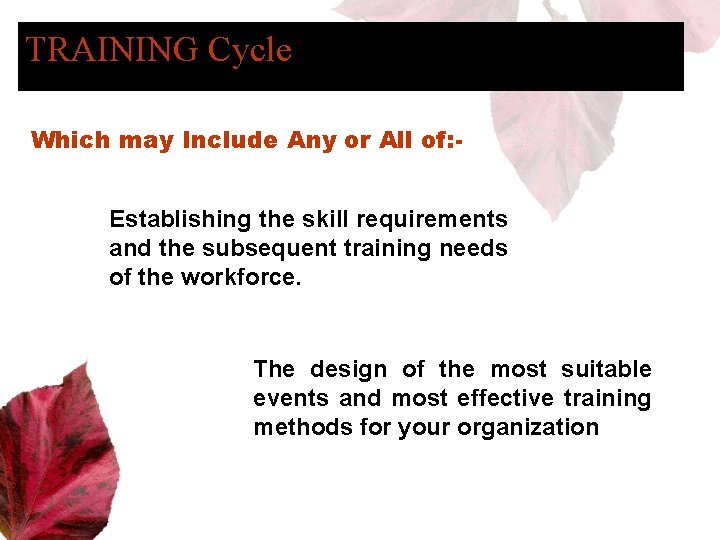 TRAINING Cycle Which may Include Any or All of: Establishing the skill requirements and