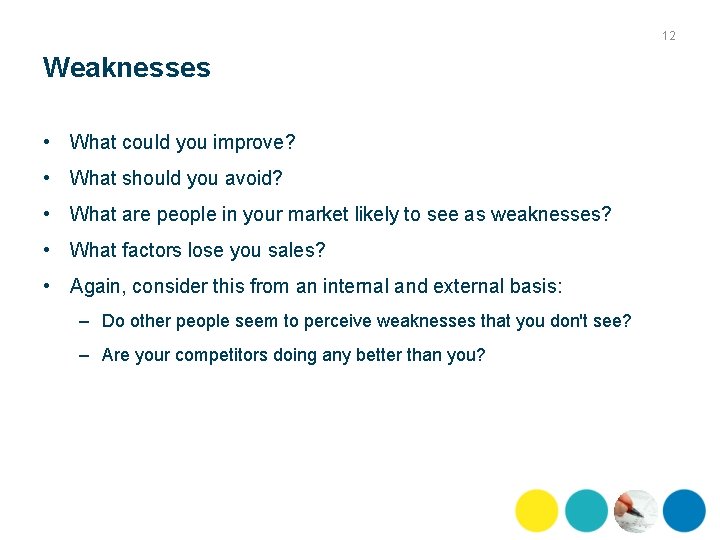 12 Weaknesses • What could you improve? • What should you avoid? • What