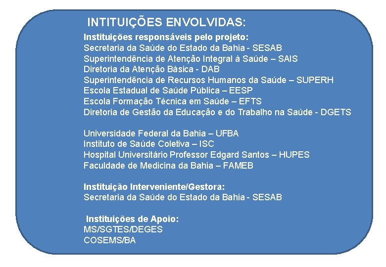INTITUIÇÕES ENVOLVIDAS: Instituições responsáveis pelo projeto: Secretaria da Saúde do Estado da Bahia -