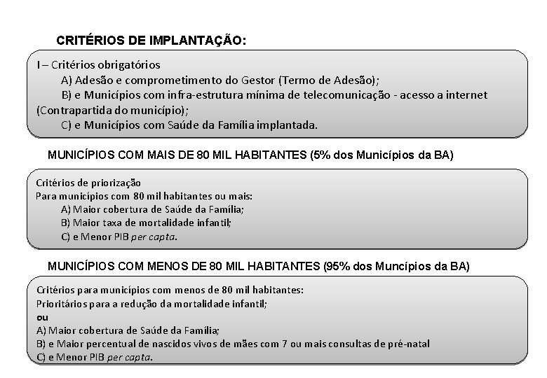 MUNICÍPIOS COM MAIS DE 80 MIL HABITANTES CRITÉRIOS DE IMPLANTAÇÃO: I – Critérios obrigatórios